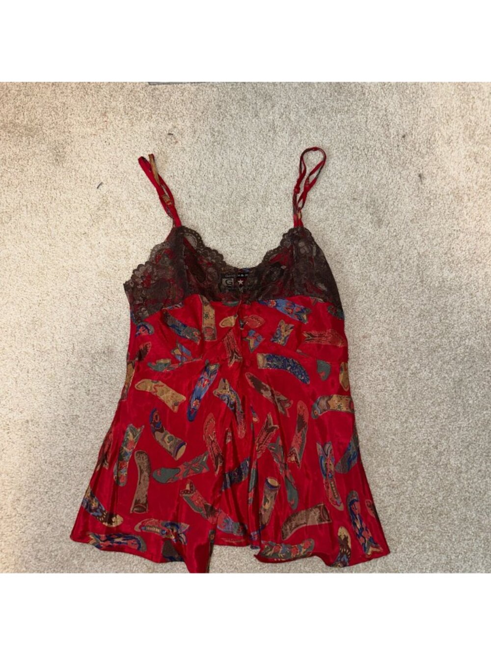 Vintage 90s Western Camisole M Cowboy Boot Graphic Coquette Grunge Red Lace Cami - Picture 2 of 6